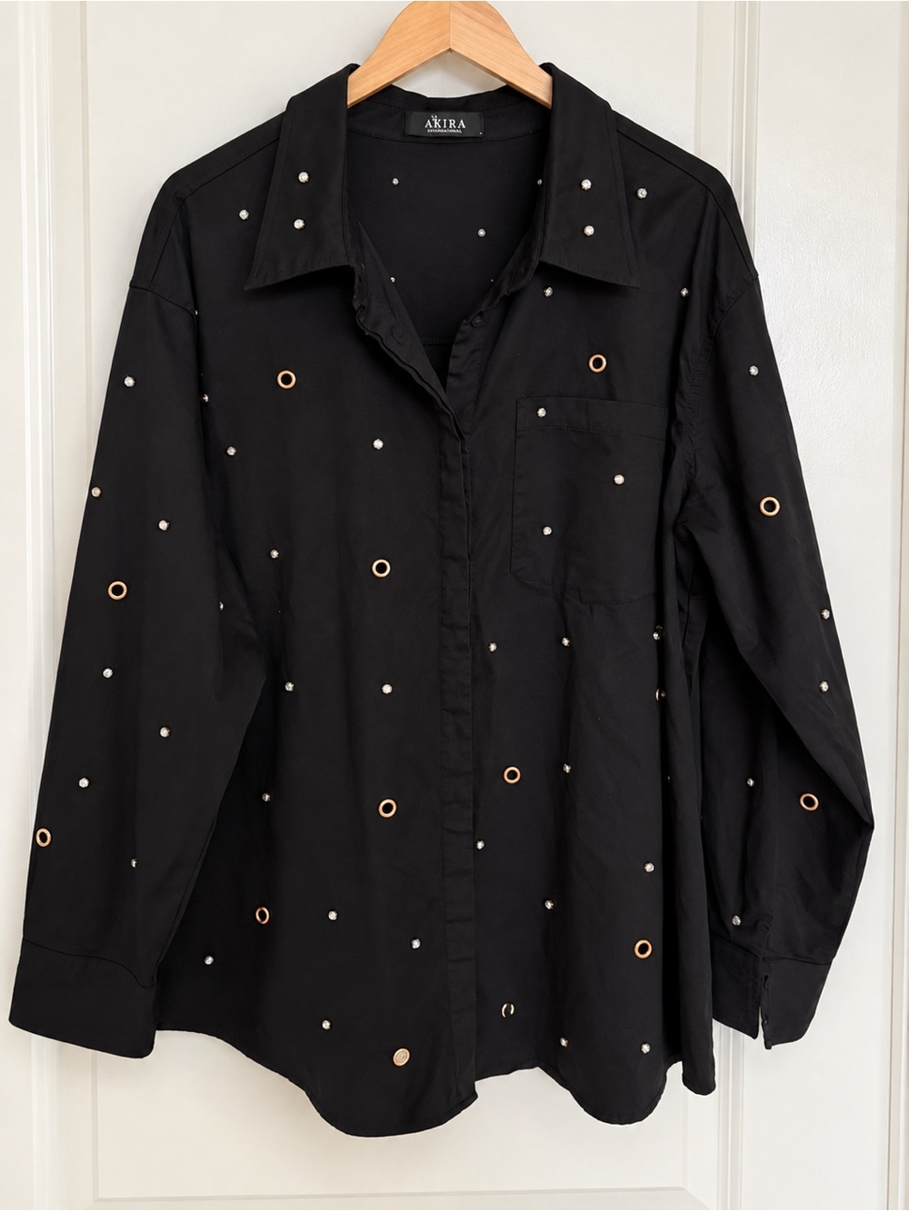 AKIRA Black Button-Down Shirt with Metallic Eyelet and Stud Details